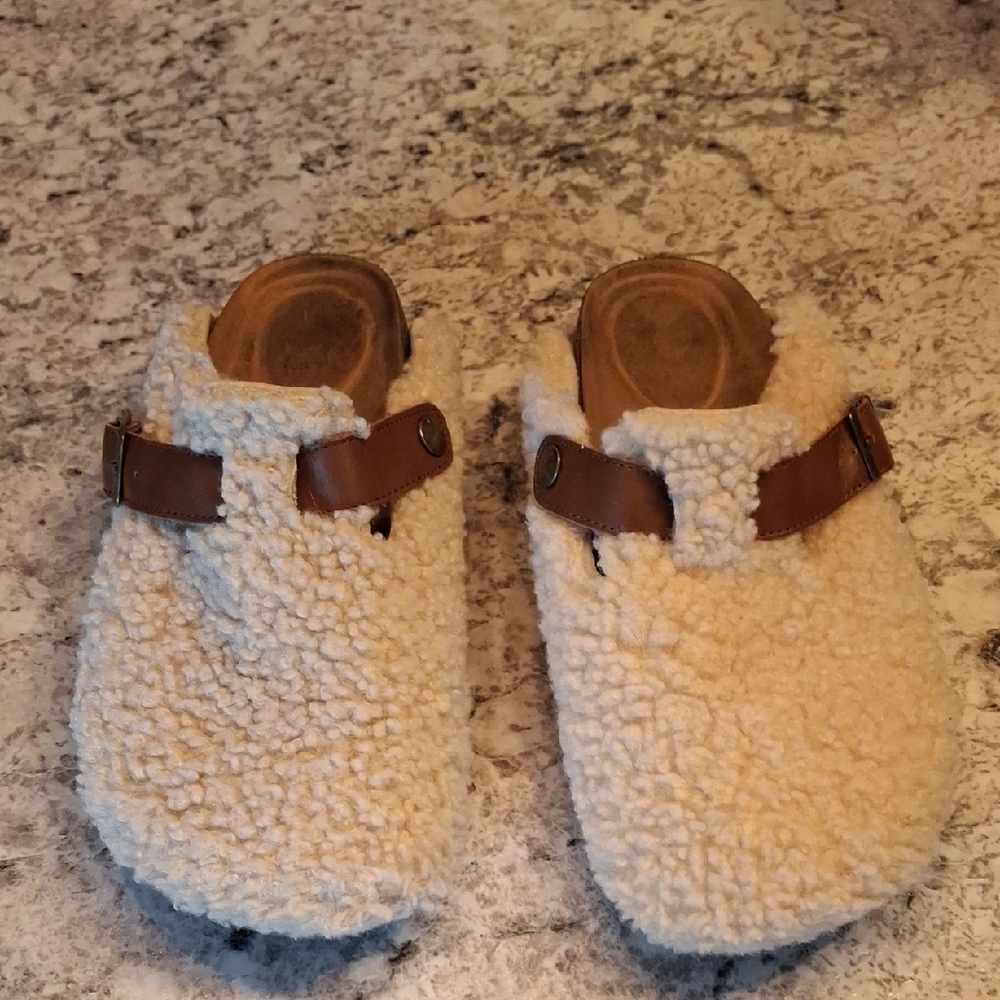 Time and Tru Tan Fuzzy Mules with Brown Strap